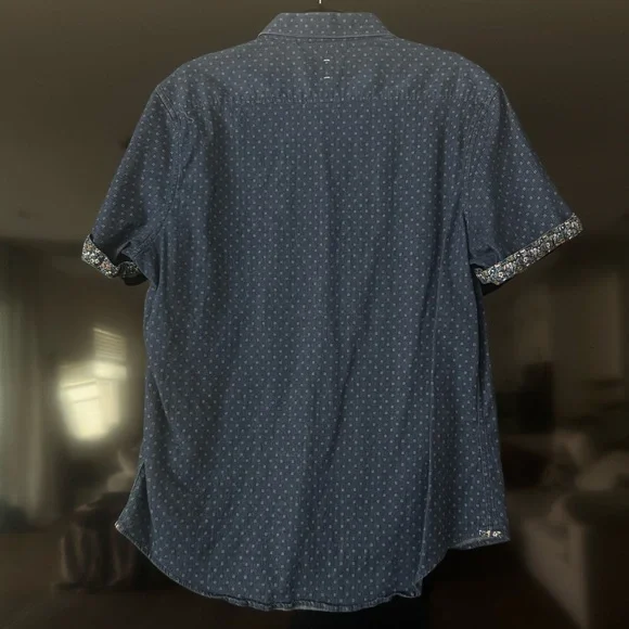 7 Diamonds Floral-Trim Short-Sleeve Button-Up — Navy Micro-Print Shirt (Size XL) - Picture 6 of 6